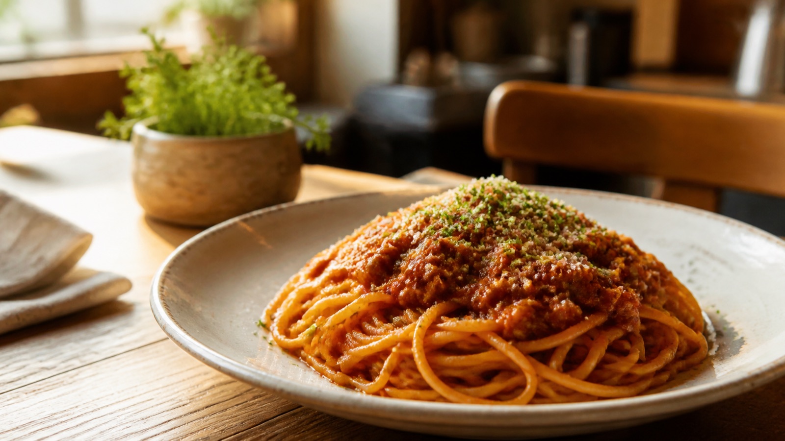 飲食店で提供するミートスパゲッティ